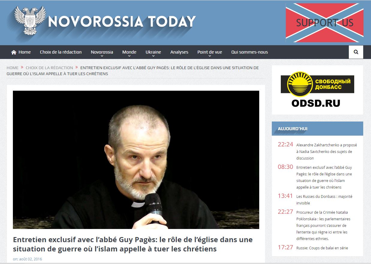 Abbé Pagès sur NOVOROSSIA TODAY au sujet de la situation actuelle